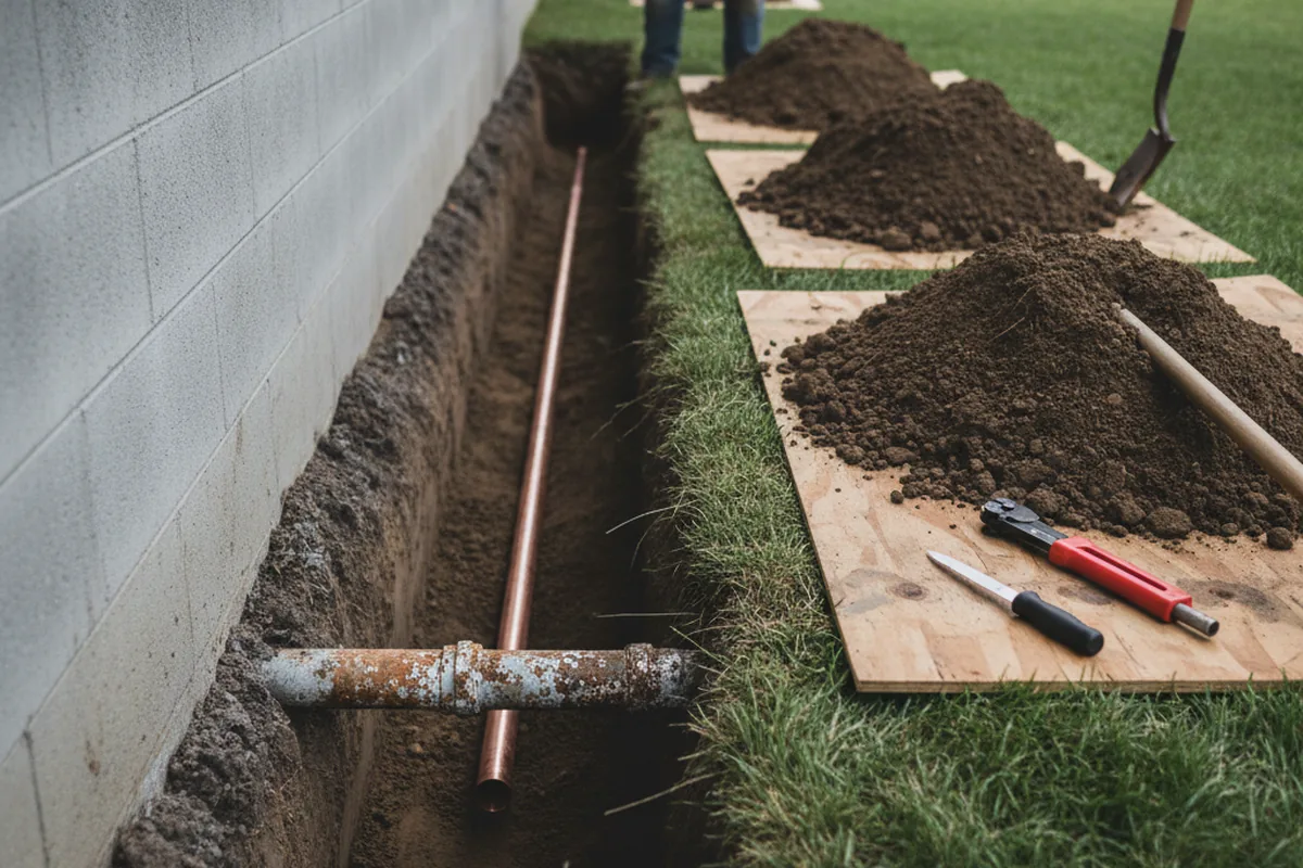 Excavated water line trench during Water Softener Installation in Palestine